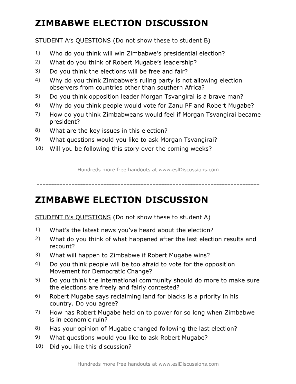 ESL Conversation Lesson on the Zimbabwe Election