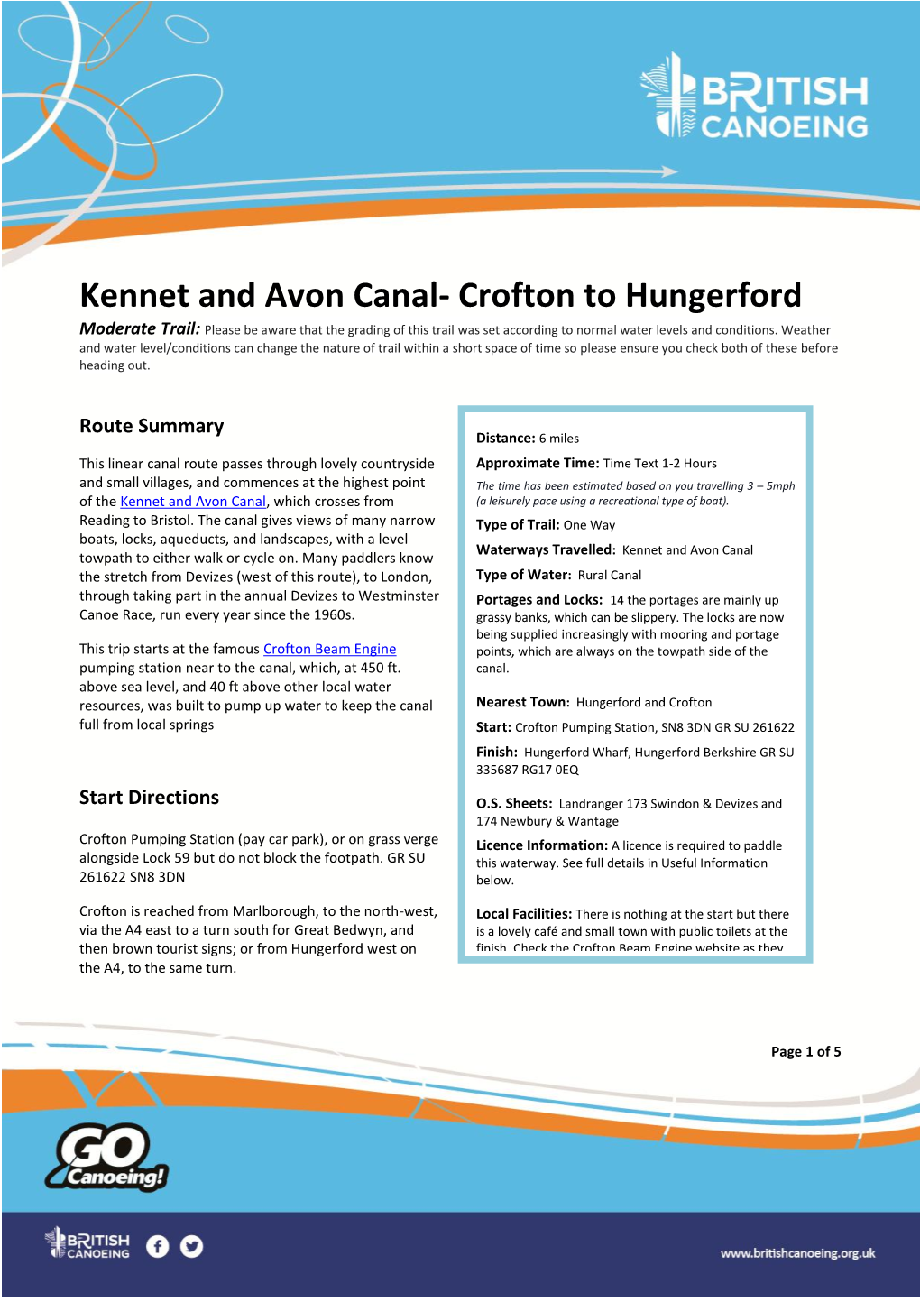 Kennet and Avon Canal- Crofton to Hungerford Moderate Trail: Please Be Aware That the Grading of This Trail Was Set According to Normal Water Levels and Conditions