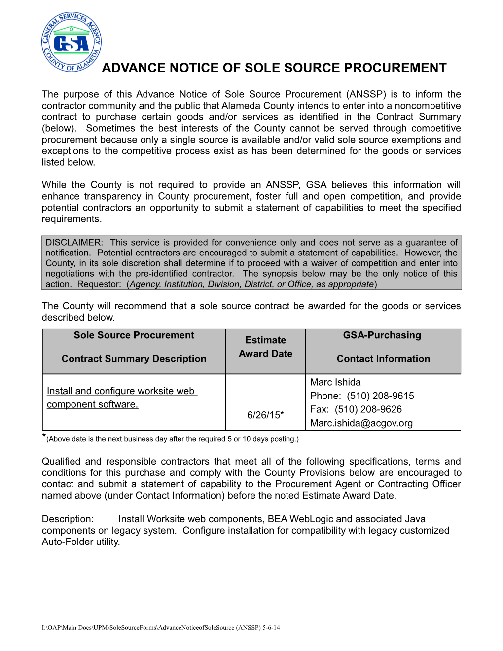 Advance Notice of Sole Source Procurement s14