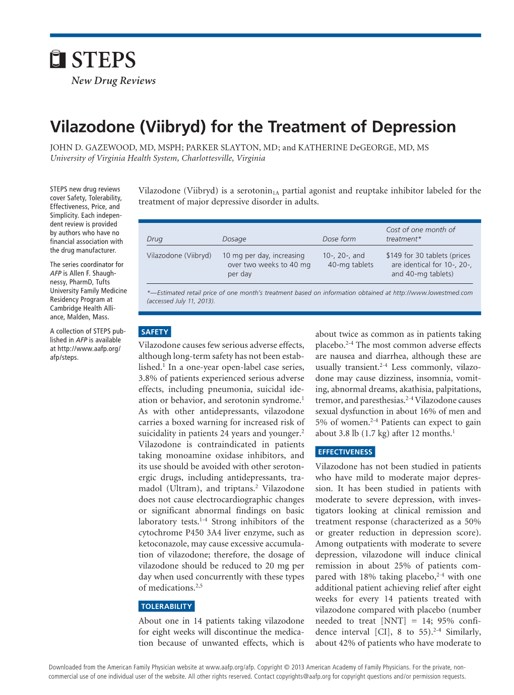 Vilazodone (Viibryd) for the Treatment of Depression JOHN D