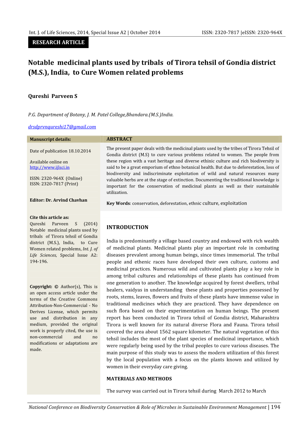 Notable Medicinal Plants Used by Tribals of Tirora Tehsil of Gondia District (M.S.), India, to Cure Women Related Problems