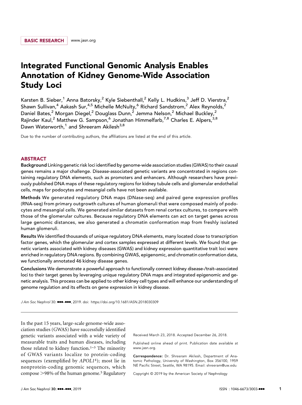 Integrated Functional Genomic Analysis Enables Annotation of Kidney Genome-Wide Association Study Loci