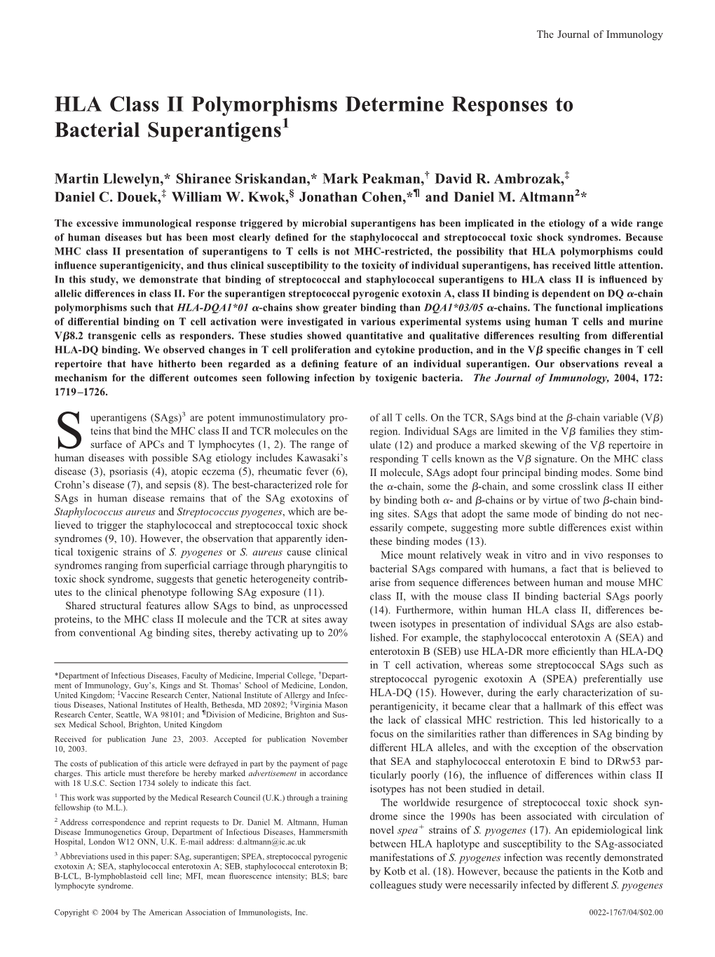 Responses to Bacterial Superantigens HLA Class II Polymorphisms Determine