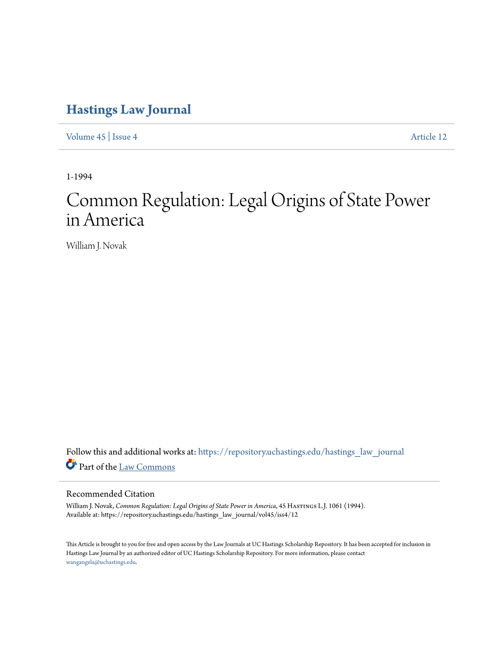 Common Regulation: Legal Origins of State Power in America William J