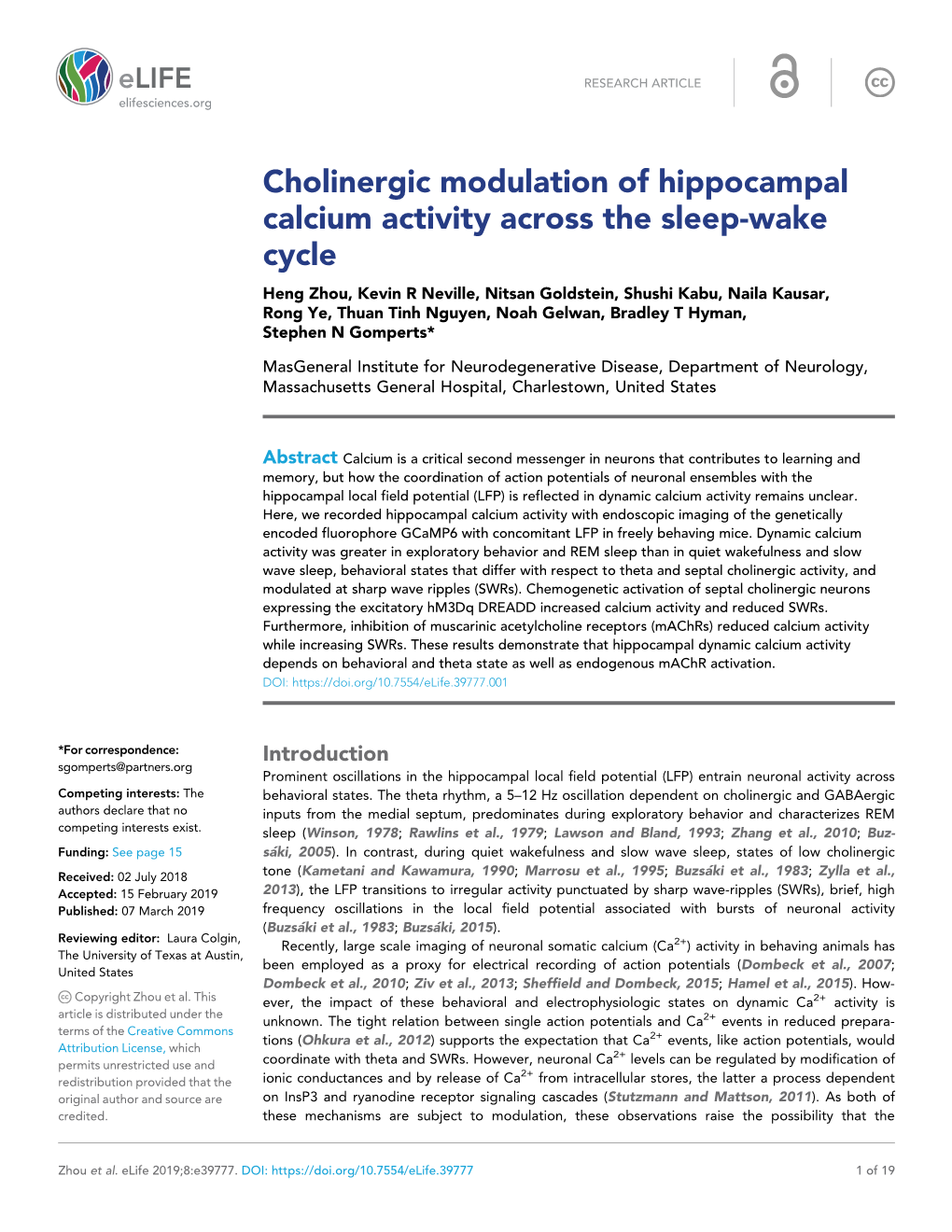 Cholinergic Modulation of Hippocampal Calcium Activity Across the Sleep-Wake Cycle