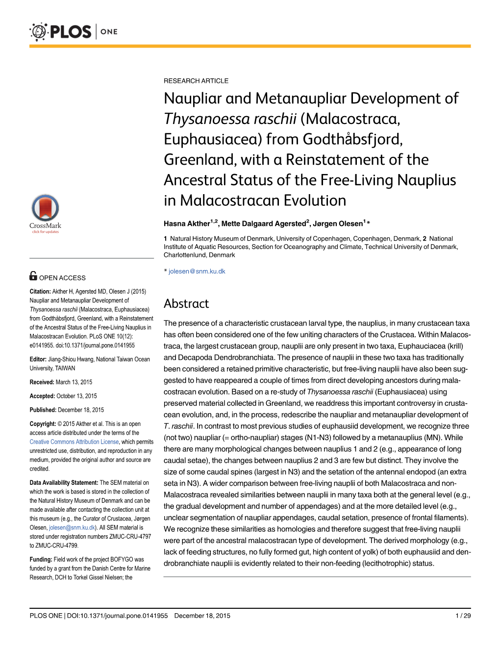 Malacostraca, Euphausiacea) from Godthåbsfjord, Greenland, with a Reinstatement of the Ancestral Status of the Free-Living Nauplius in Malacostracan Evolution