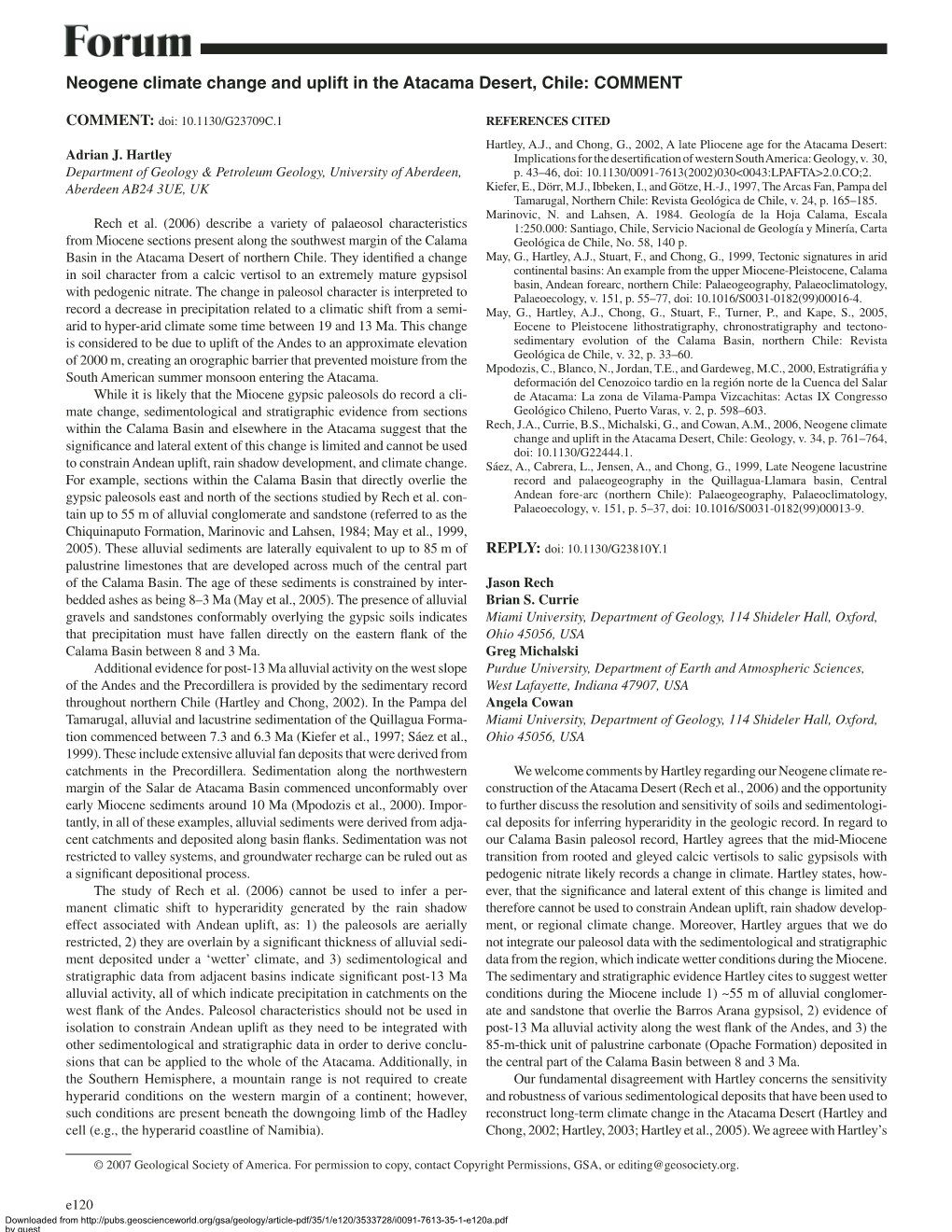 Neogene Climate Change and Uplift in the Atacama Desert, Chile: COMMENT