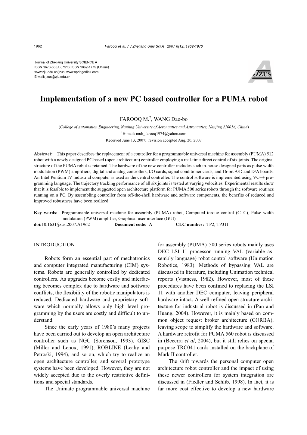 Implementation of a New PC Based Controller for a PUMA Robot