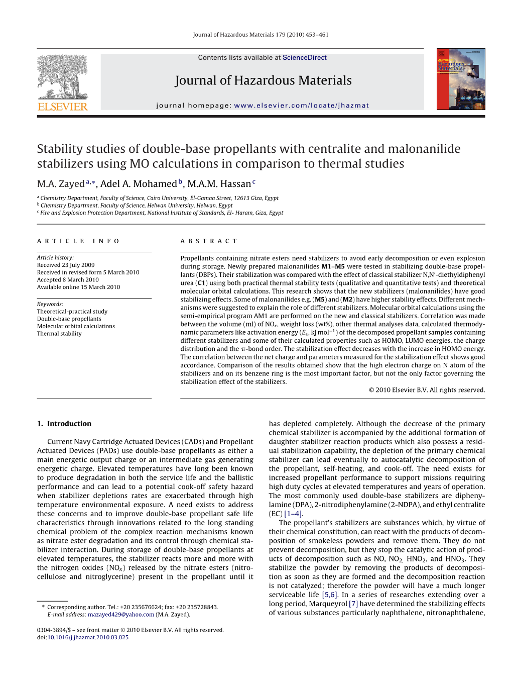 Stability Studies of Double-Base Propellants with Centralite and Malonanilide Stabilizers Using MO Calculations in Comparison to Thermal Studies