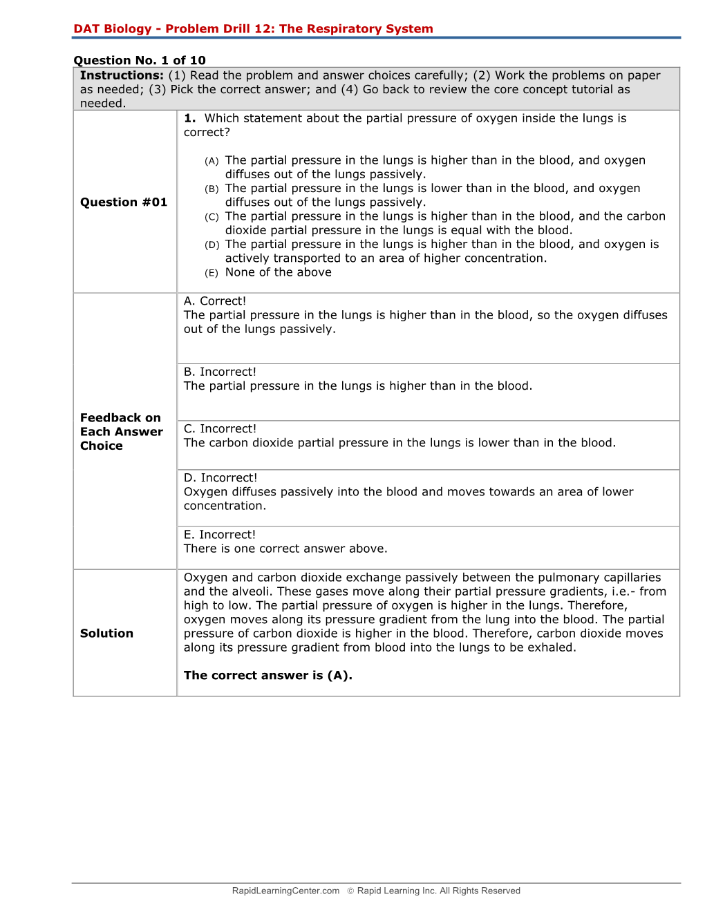 DAT Biology - Problem Drill 12: the Respiratory System