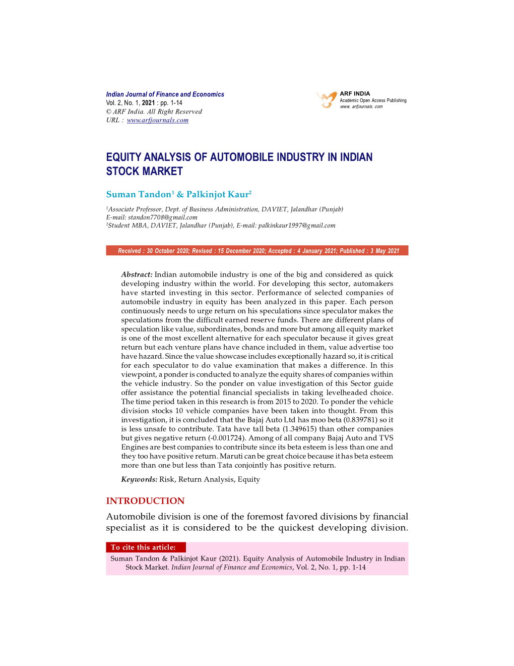 Equity Analysis of Automobile Industry in Indian Stock Market