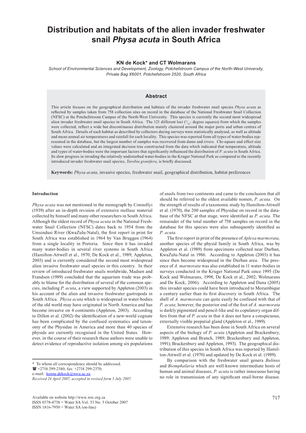 Distribution and Habitats of the Alien Invader Freshwater Snail Physa Acuta in South Africa