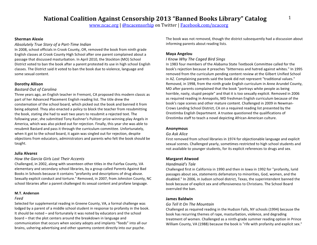 “Banned Books Library” Catalog 1 | @Ncacensorhip on Twitter | Facebook.Com/Ncacorg