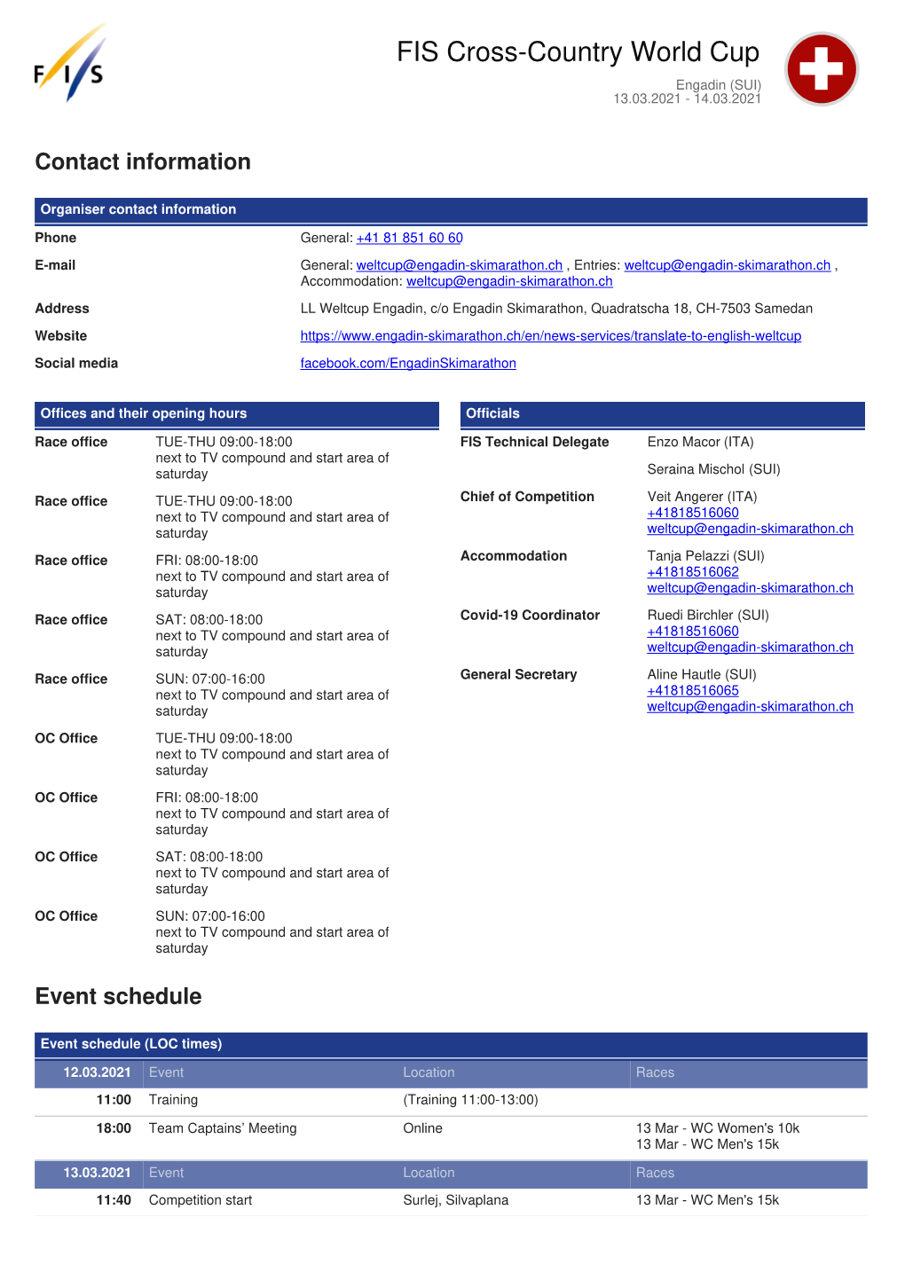 FIS Cross-Country World Cup Engadin (SUI) 13.03.2021 - 14.03.2021