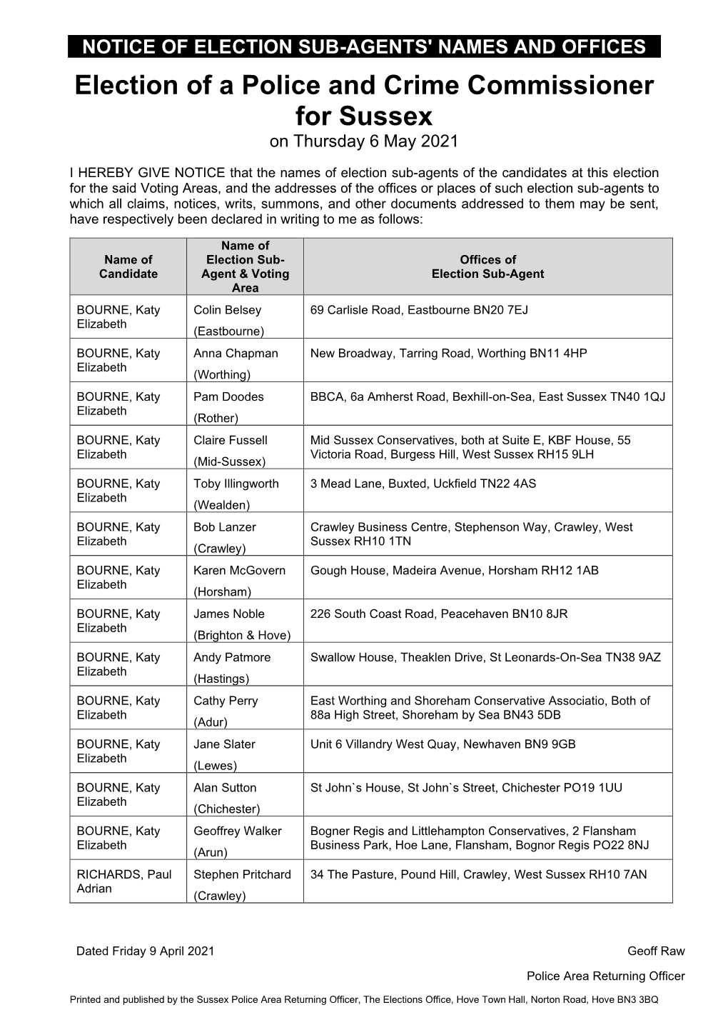 Election of a Police and Crime Commissioner for Sussex on Thursday 6 May 2021