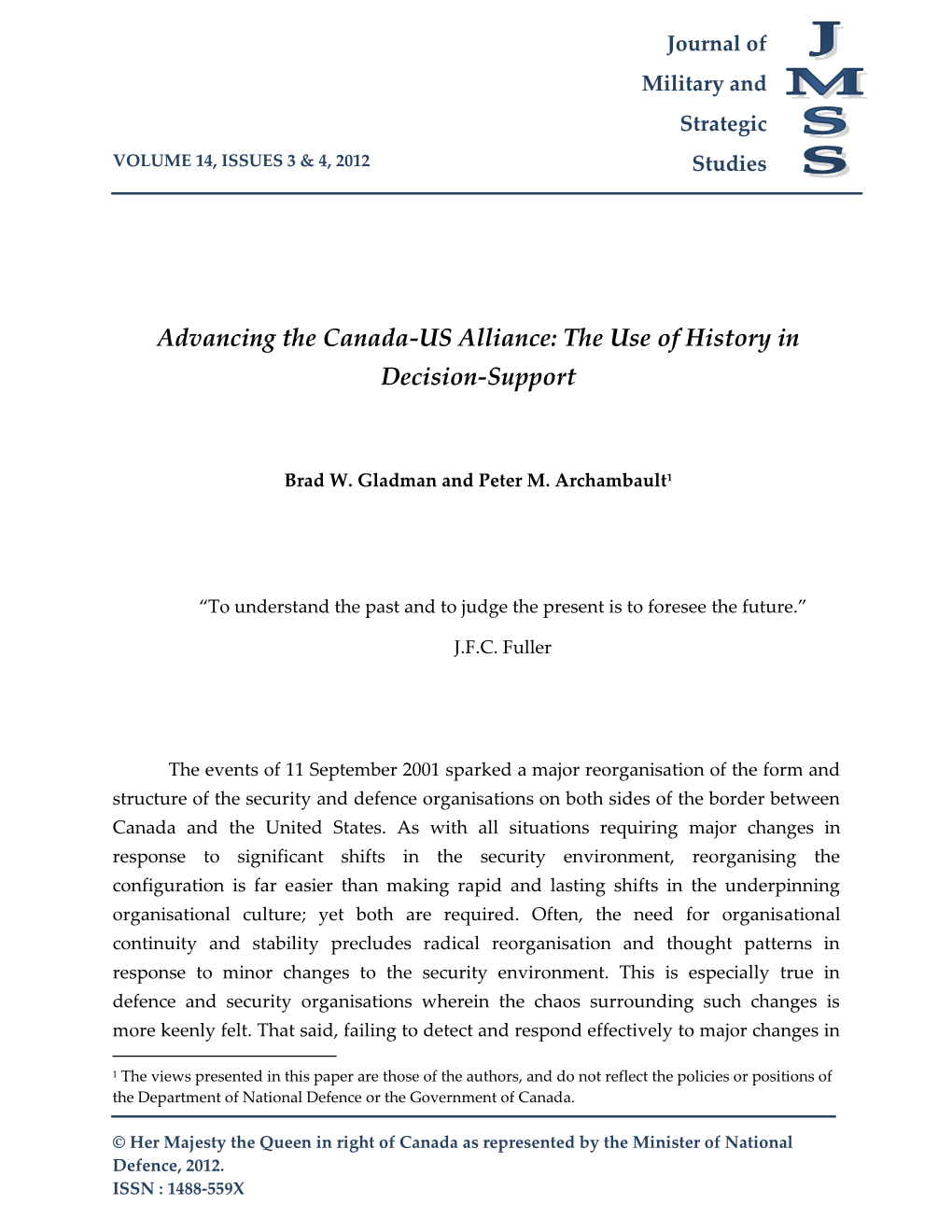 Advancing the Canada-US Alliance: the Use of History in Decision-Support