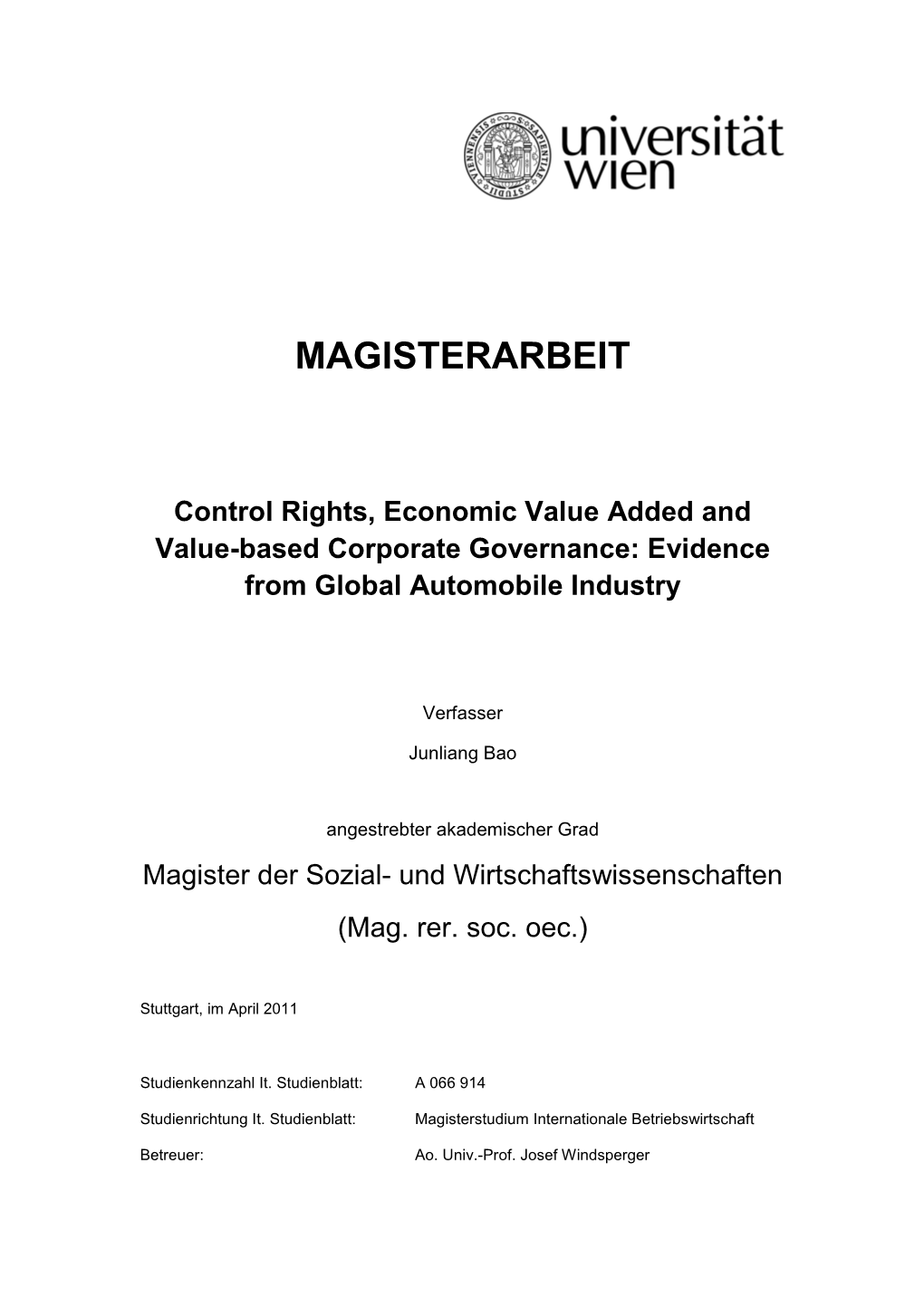 Control Rights, Economic Value Added and Value-Based Corporate Governance: Evidence from Global Automobile Industry