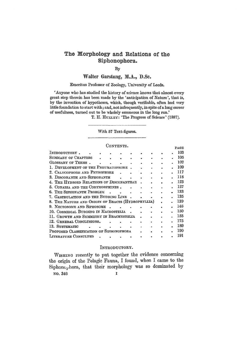 Th© Morphology and Relations of the Siphonophora. by Walter Garstang, H.A., D.Sc