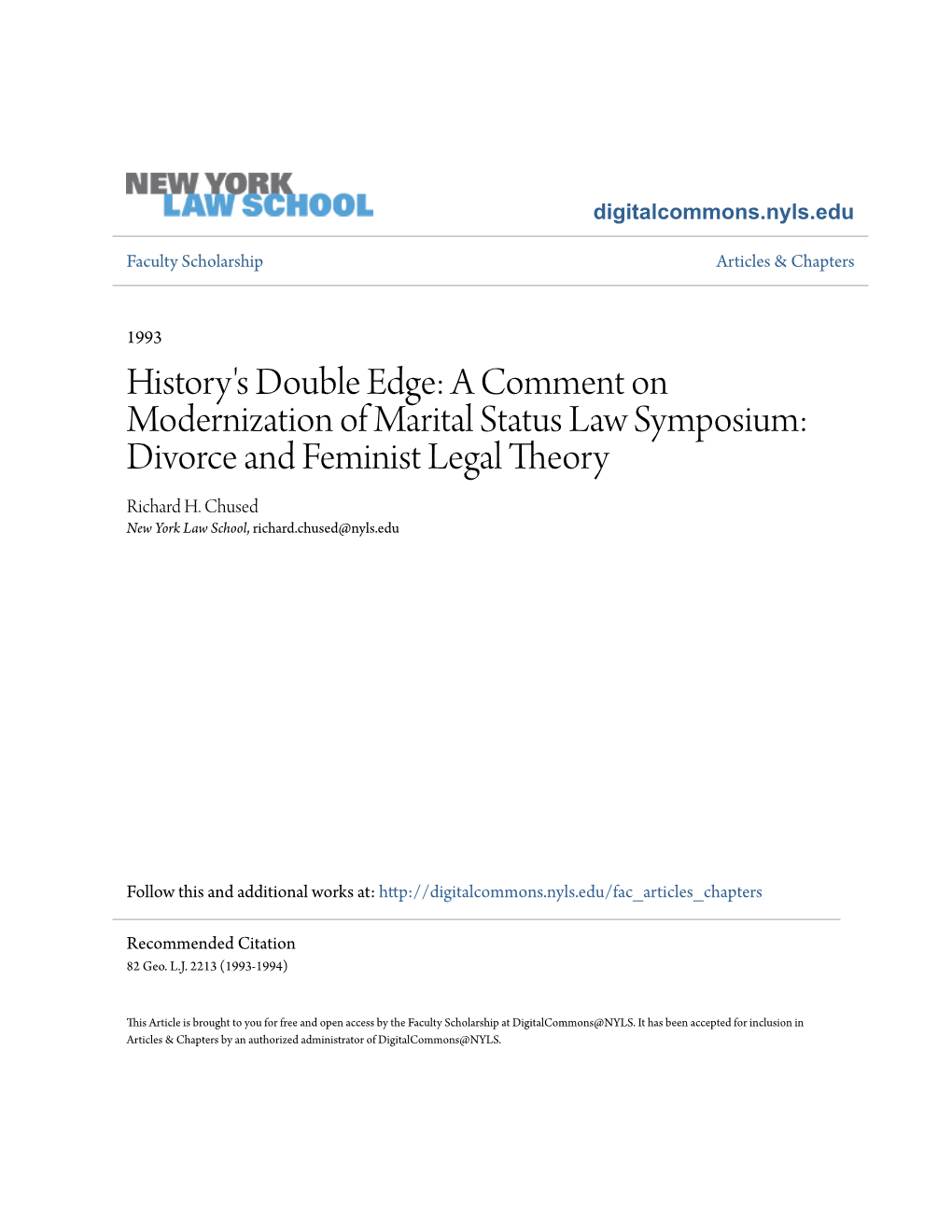 History's Double Edge: a Comment on Modernization of Marital Status Law Symposium: Divorce and Feminist Legal Theory Richard H