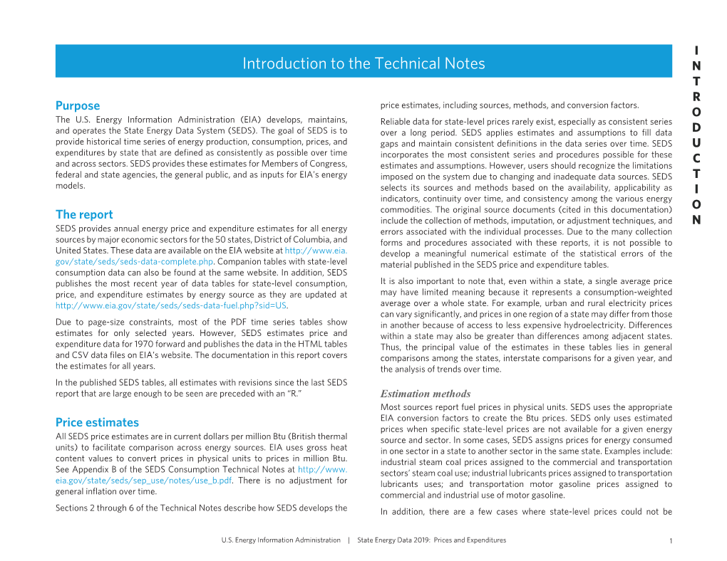 Introduction to the Technical Notes N T R Purpose Price Estimates, Including Sources, Methods, and Conversion Factors