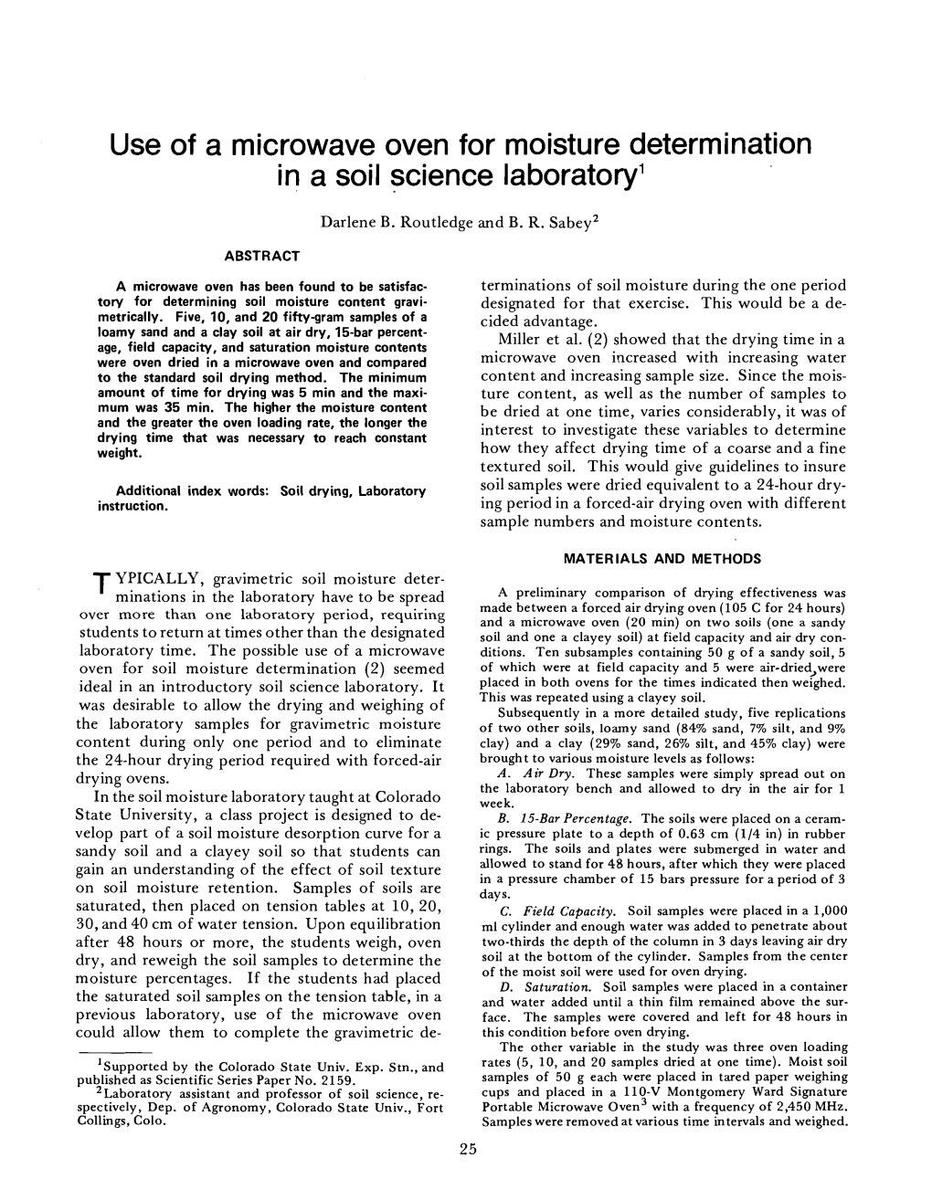 Use of a Microwave Oven for Moisture Determination in a Soil Science