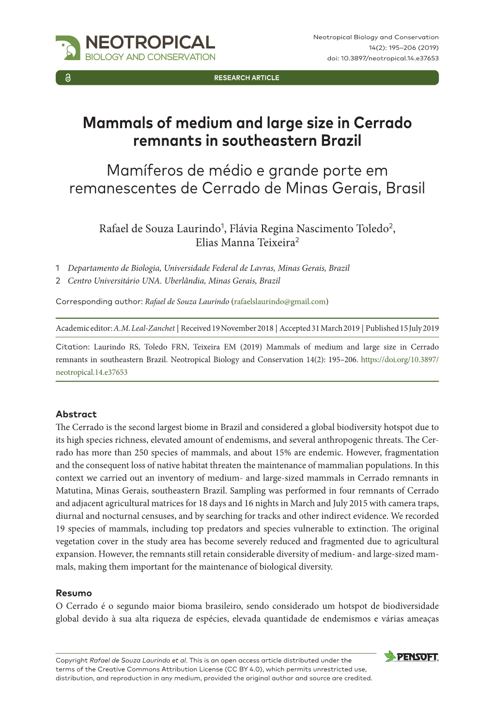 ﻿Mammals of Medium and Large Size in Cerrado Remnants in Southeastern