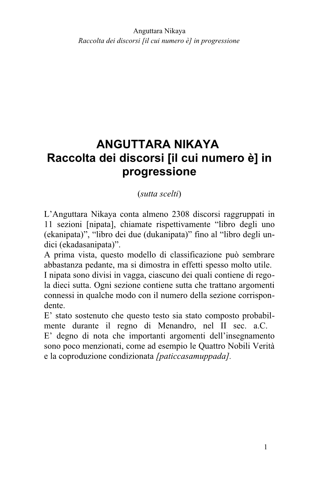 Anguttara Nikaya Raccolta Dei Discorsi [Il Cui Numero È] in Progressione