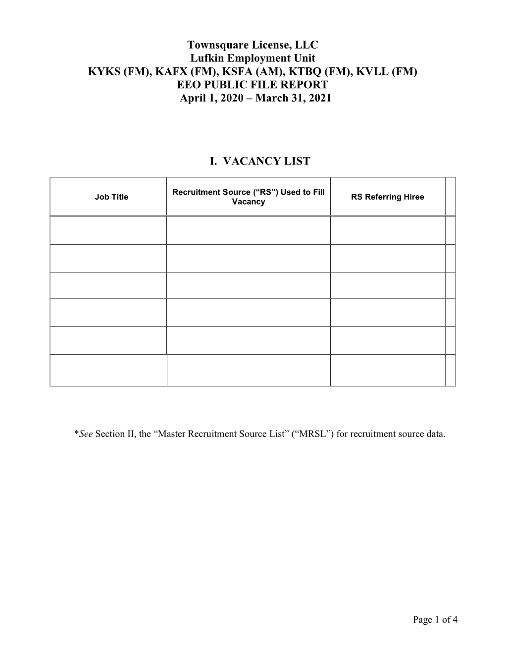 Townsquare License, LLC Lufkin Employment Unit KYKS (FM), KAFX (FM), KSFA (AM), KTBQ (FM), KVLL (FM) EEO PUBLIC FILE REPORT April 1, 2020 – March 31, 2021