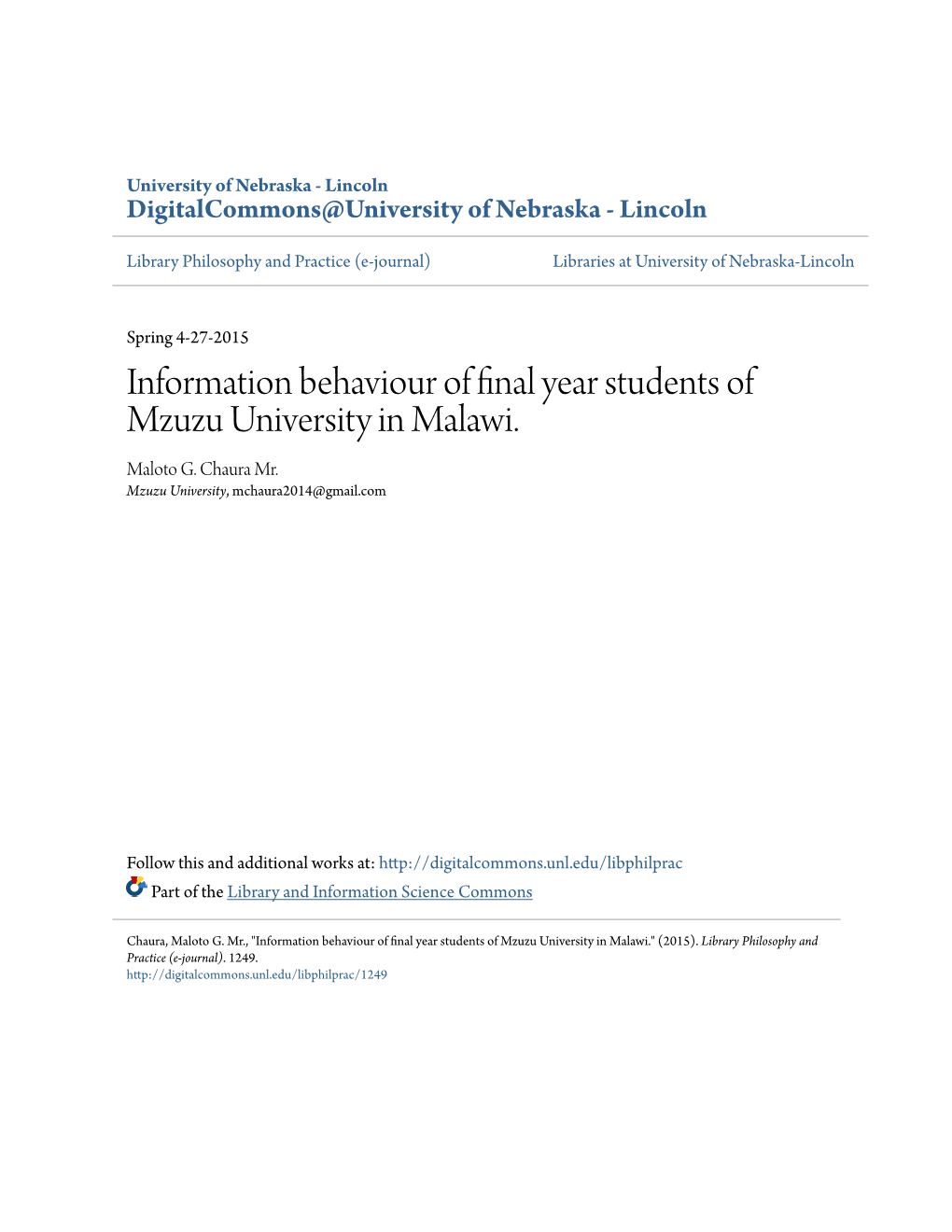 Information Behaviour of Final Year Students of Mzuzu University in Malawi