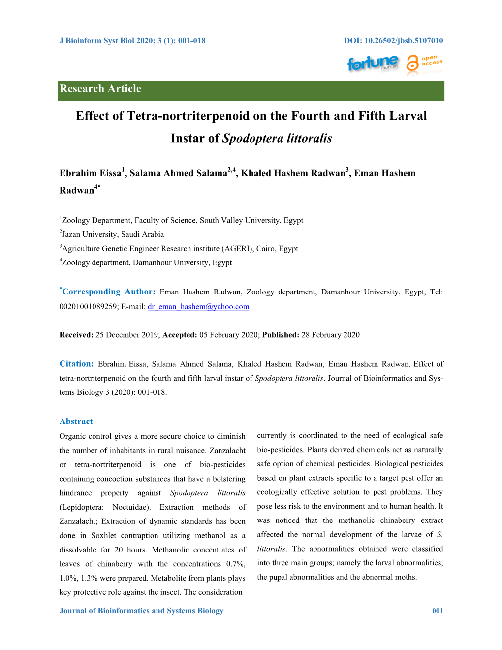 Effect of Tetra-Nortriterpenoid on the Fourth and Fifth Larval Instar of Spodoptera Littoralis