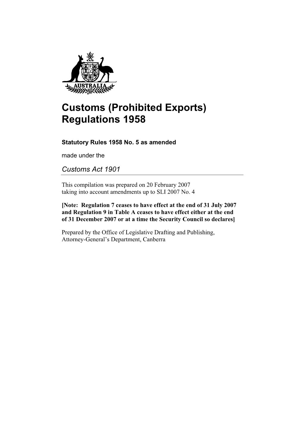 Customs (Prohibited Exports) Regulations 1958