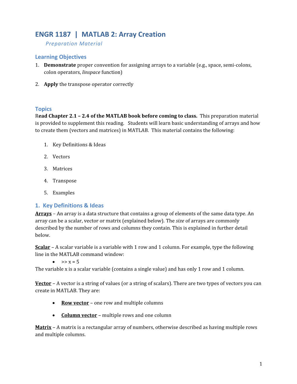 ENGR 1187 MATLAB 2: Array Creationpreparation Material