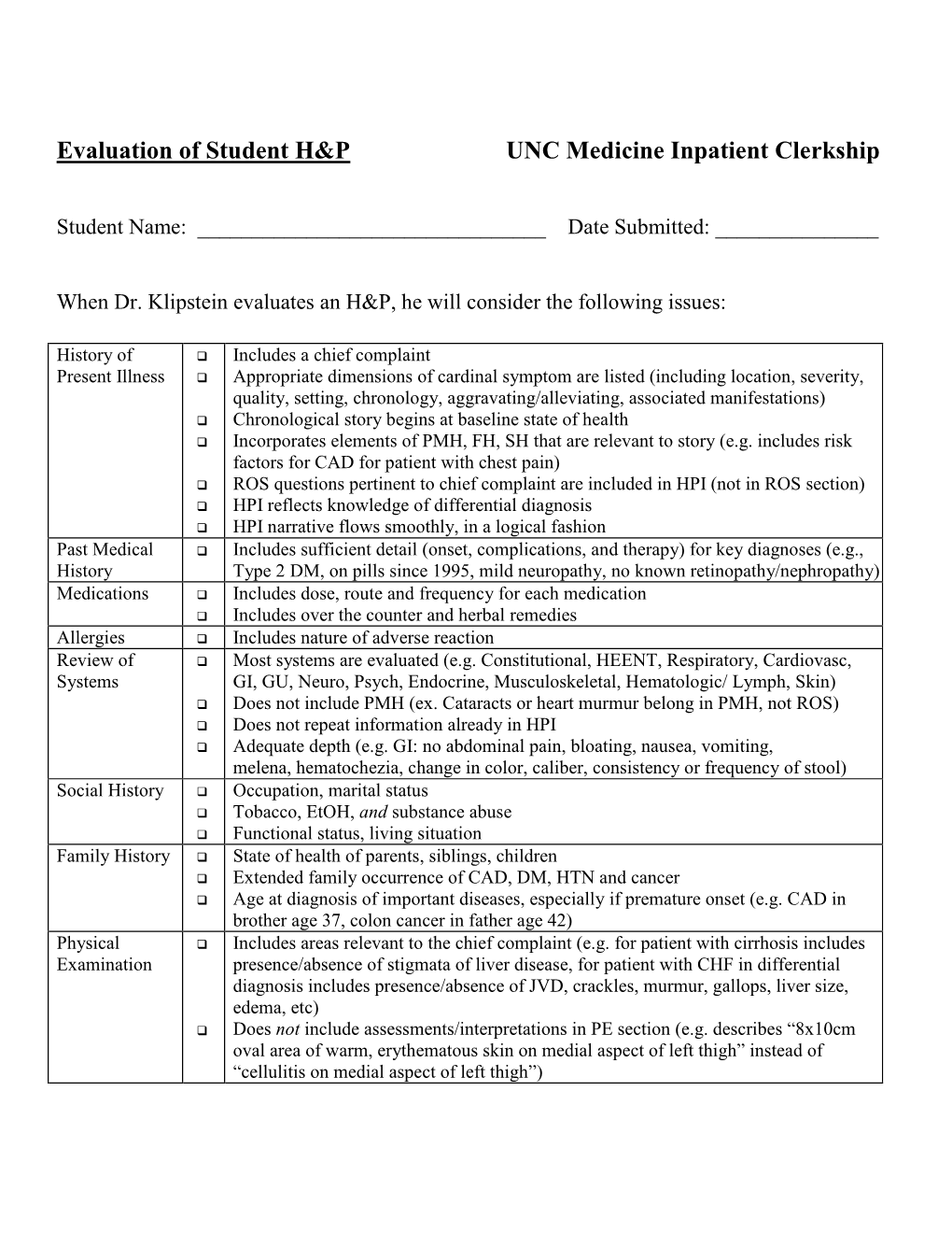 Evaluation of Student H&P UNC Medicine Inpatient Clerkship