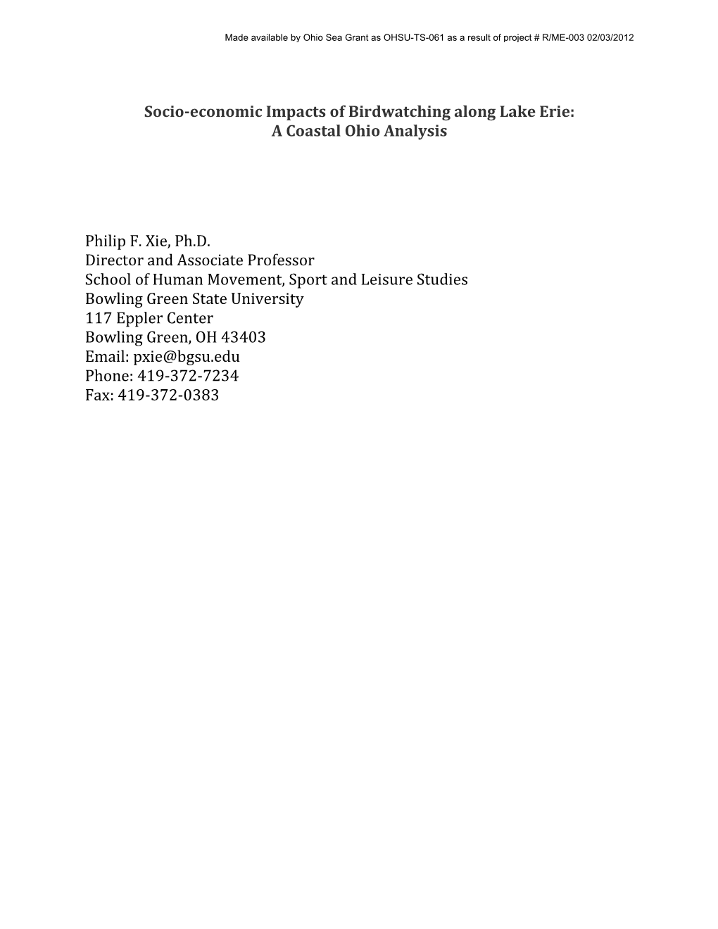 Socio-Economic Impacts of Birdwatching Along Lake Erie: a Coastal Ohio Analysis