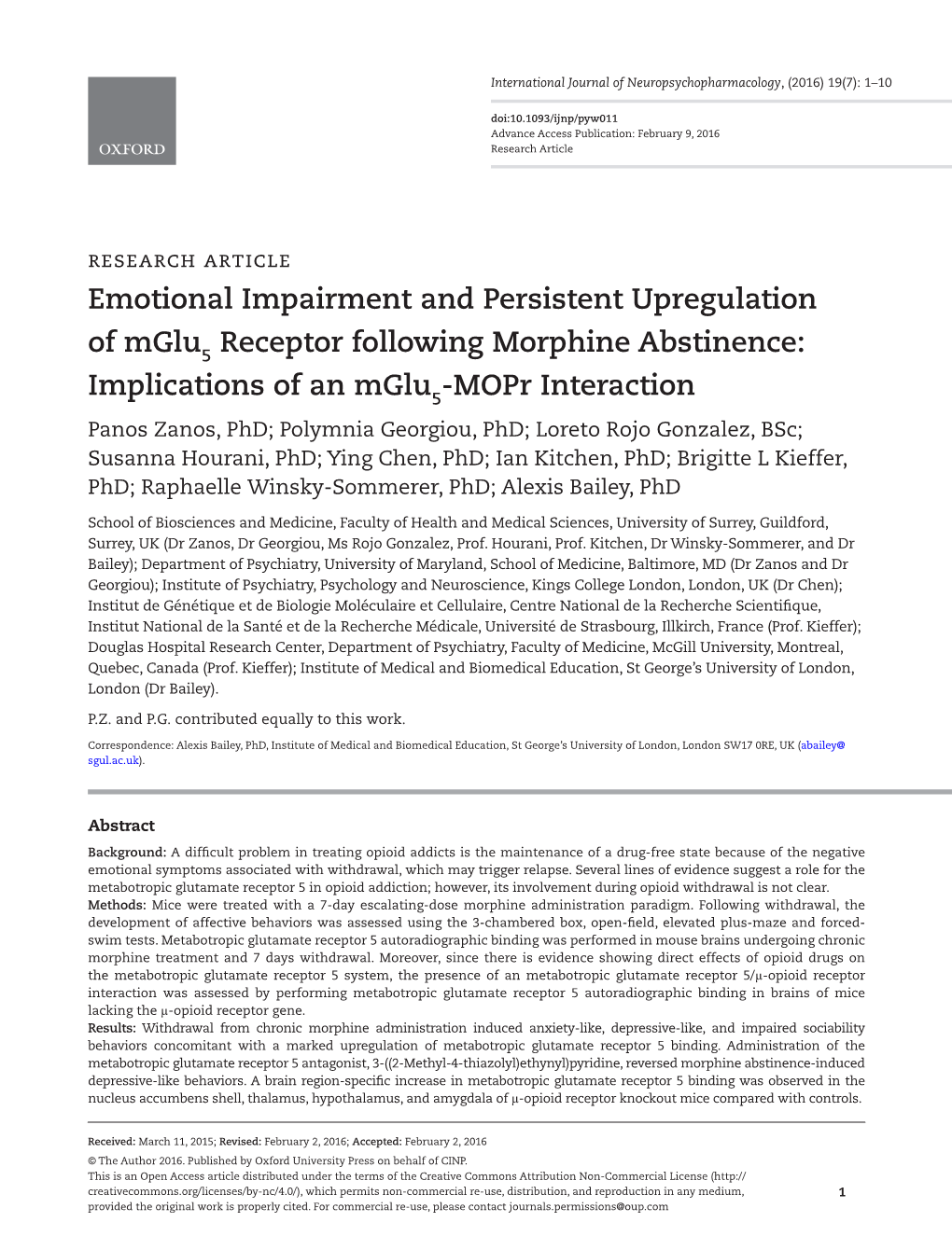 Emotional Impairment and Persistent Upregulation of Mglu5 Receptor Following Morphine Abstinence