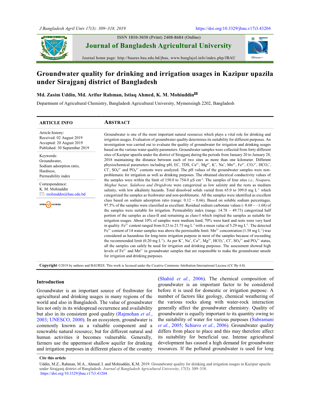 Groundwater Quality for Drinking and Irrigation Usages in Kazipur Upazila Under Sirajganj District of Bangladesh