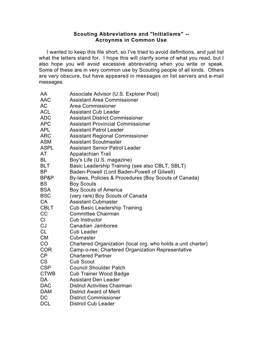 Scouting Abbreviations and "Initialisms" -- Acroynms in Common Use I Wanted to Keep This File Short, So I've Tried To