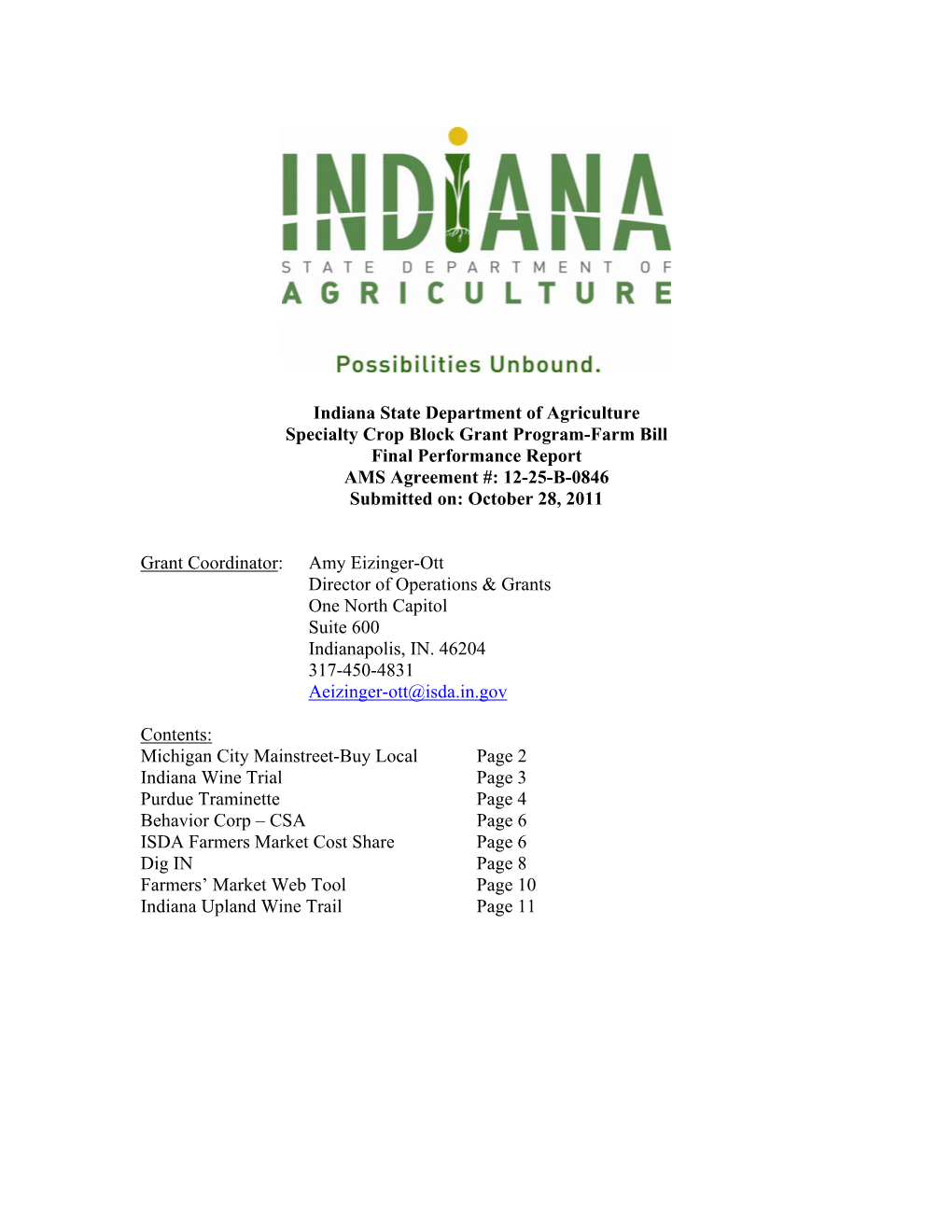 Indiana State Department of Agriculture Specialty Crop Block