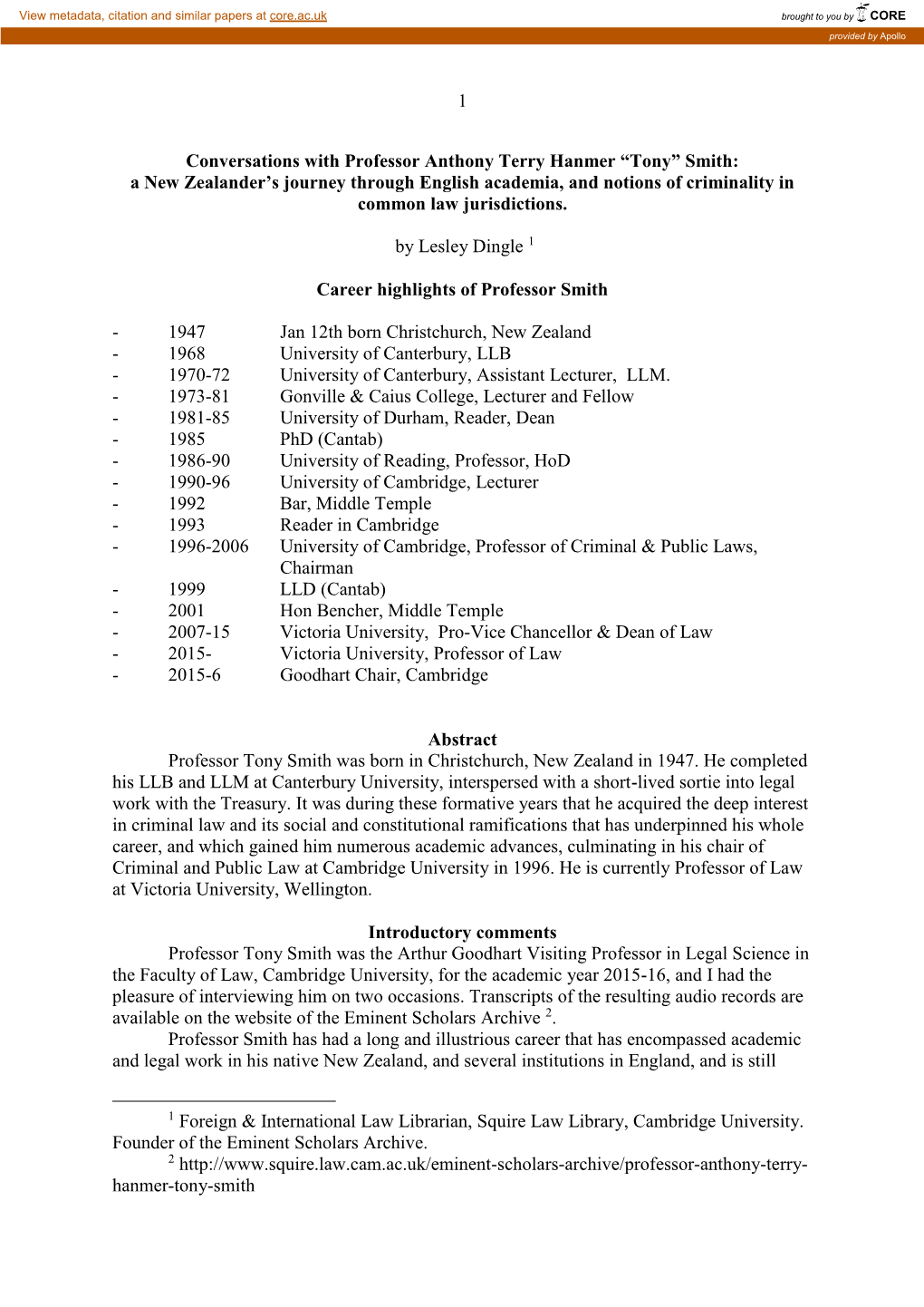 “Tony” Smith: a New Zealander’S Journey Through English Academia, and Notions of Criminality in Common Law Jurisdictions