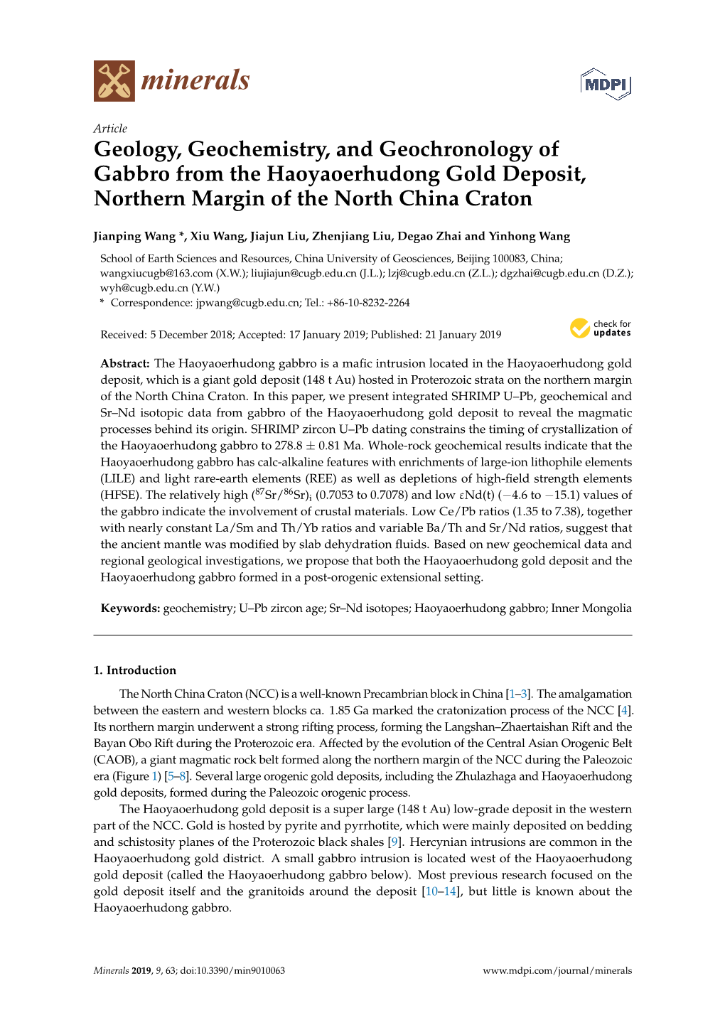 Geology, Geochemistry, and Geochronology of Gabbro from the Haoyaoerhudong Gold Deposit, Northern Margin of the North China Craton