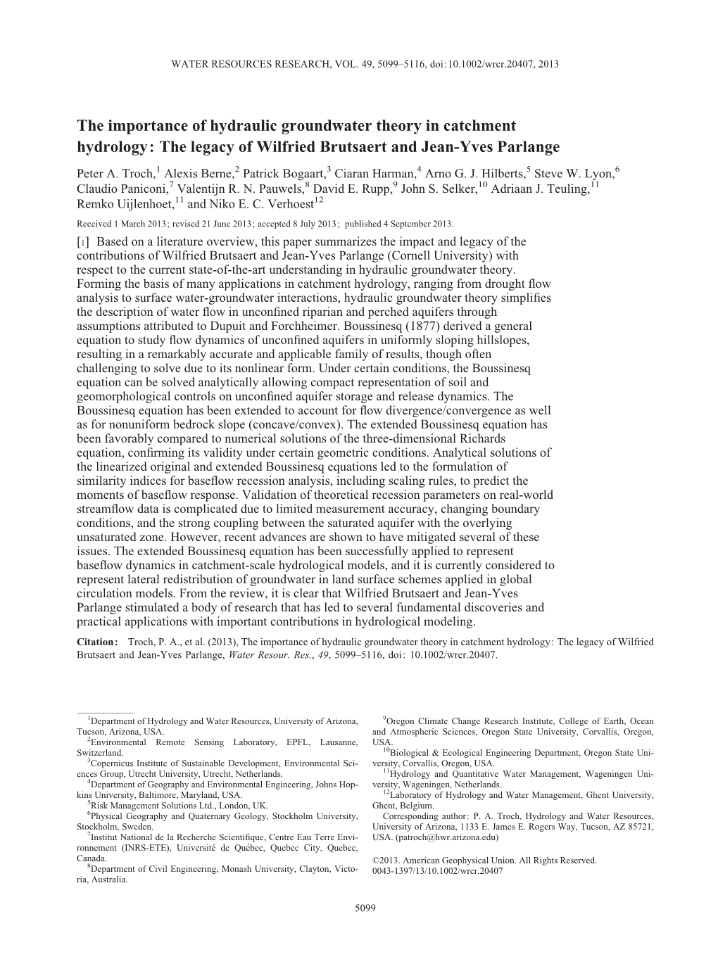 The Importance of Hydraulic Groundwater Theory in Catchment Hydrology: the Legacy of Wilfried Brutsaert and Jean-Yves Parlange Peter A