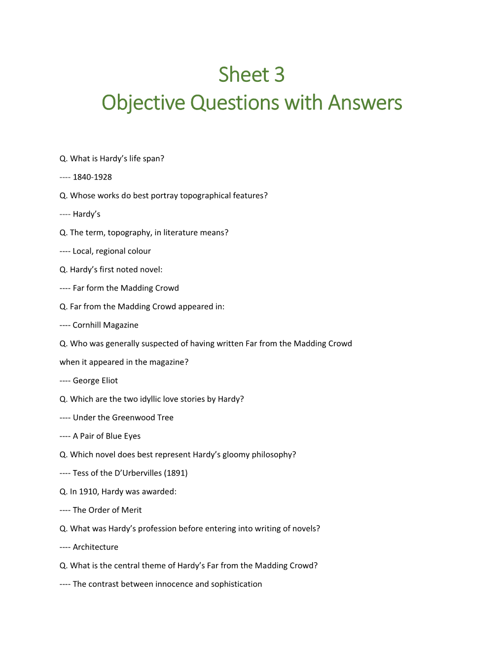 Sheet 3 Objective Questions with Answers