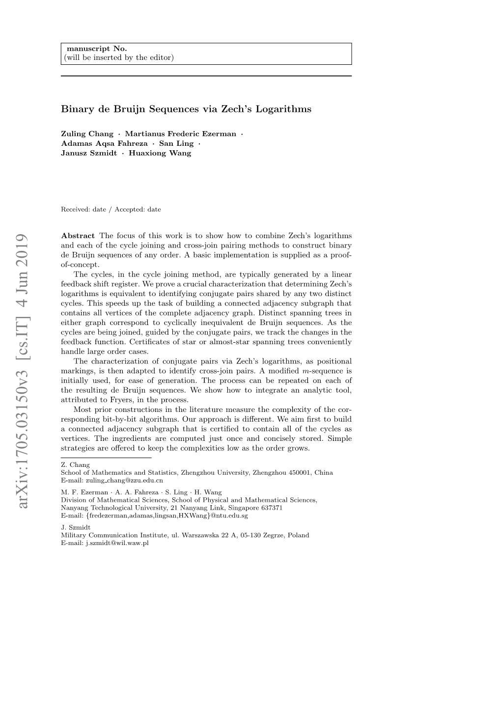 Arxiv:1705.03150V3 [Cs.IT] 4 Jun 2019 Nanyang Technological University, 21 Nanyang Link, Singapore 637371 E-Mail: {Fredezerman,Adamas,Lingsan,Hxwang}@Ntu.Edu.Sg J