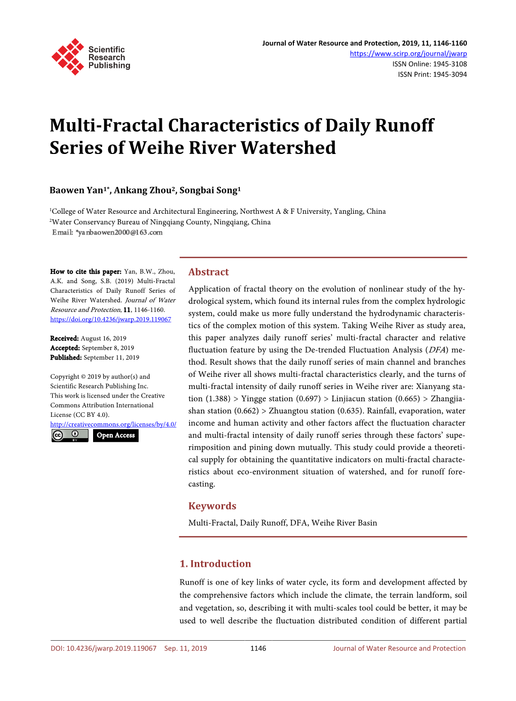 Multi-Fractal Characteristics of Daily Runoff Series of Weihe River Watershed