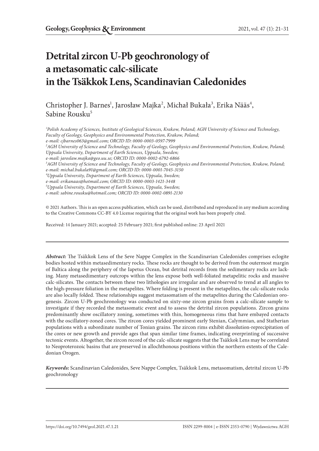 Detrital Zircon U-Pb Geochronology of a Metasomatic Calc-Silicate in the Tsäkkok Lens, Scandinavian Caledonides