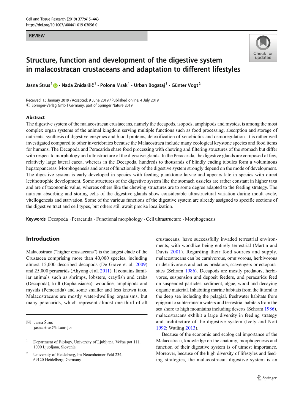 Structure, Function and Development of the Digestive System in Malacostracan Crustaceans and Adaptation to Different Lifestyles