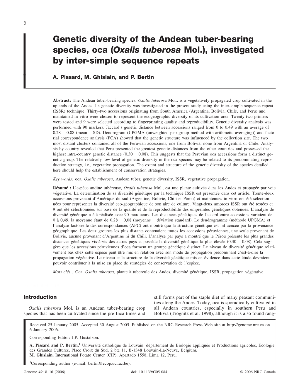 Genetic Diversity of the Andean Tuber-Bearing Species, Oca (Oxalis Tuberosa Mol.), Investigated by Inter-Simple Sequence Repeats