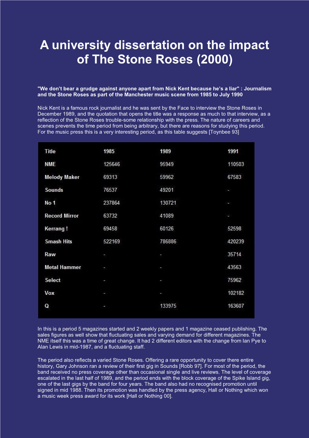A University Dissertation on the Impact of the Stone Roses (May 2000)
