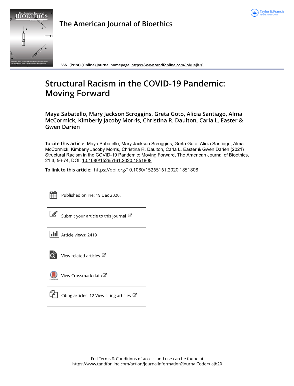 Structural Racism in the COVID-19 Pandemic: Moving Forward