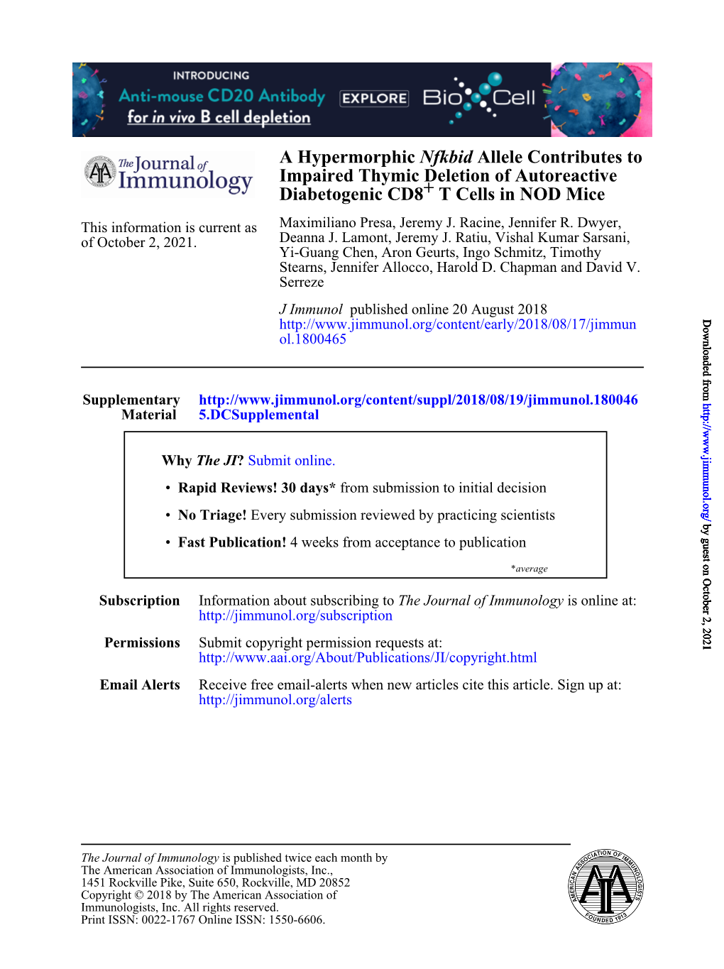 A Hypermorphic Nfkbid Allele Contributes to Impaired Thymic Deletion of Autoreactive Diabetogenic CD8+ T Cells in NOD Mice